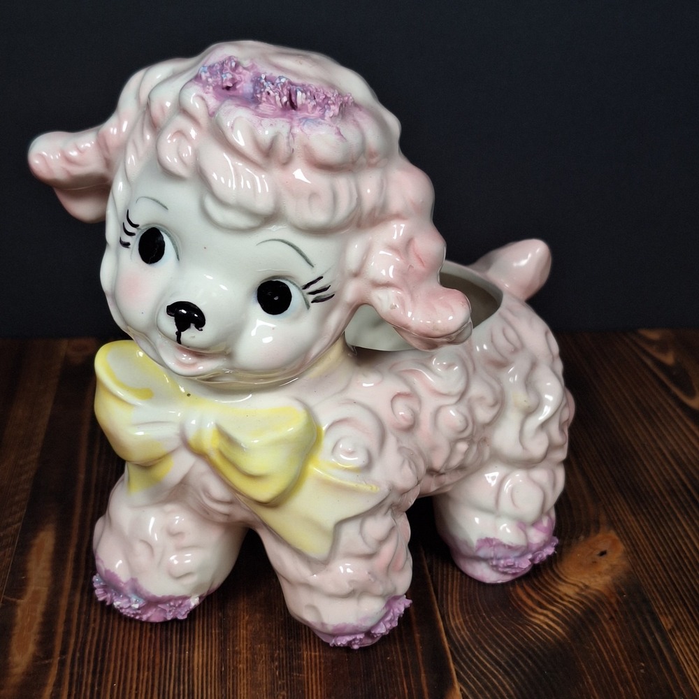 Vintage Relpo 1961 Samson Import Co Spaghetti Ceramic Lamb Pink Baby Planter MCM